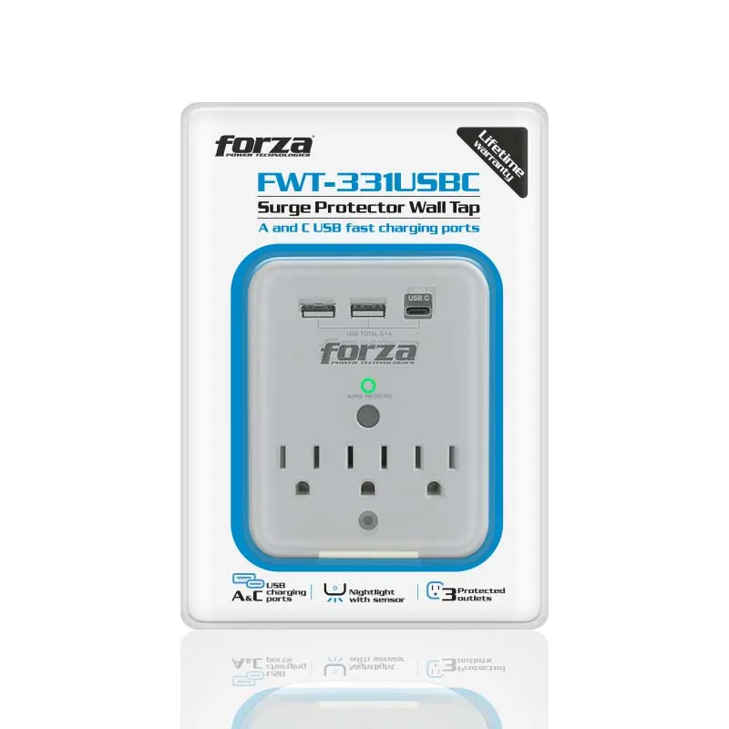 Forza FWT-331USBC Surge Wall Tap 110V 3USB 3AC Out NLight