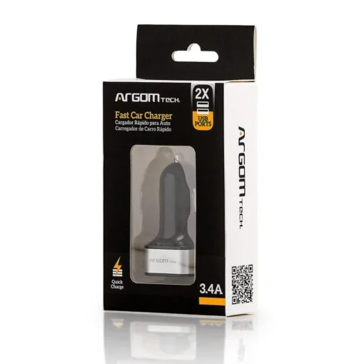 Cargador USB Para Carro ARGOM ARG-AC-0112BK Color Negro-Plateado, 2 puertos usb 2.0