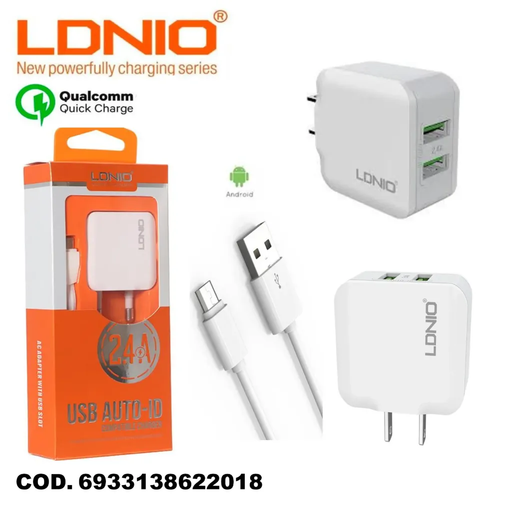 CARGADOR CELULAR USB V8 CARGA RAPIDA 2.4A DOBLE SALIDA LDNIO