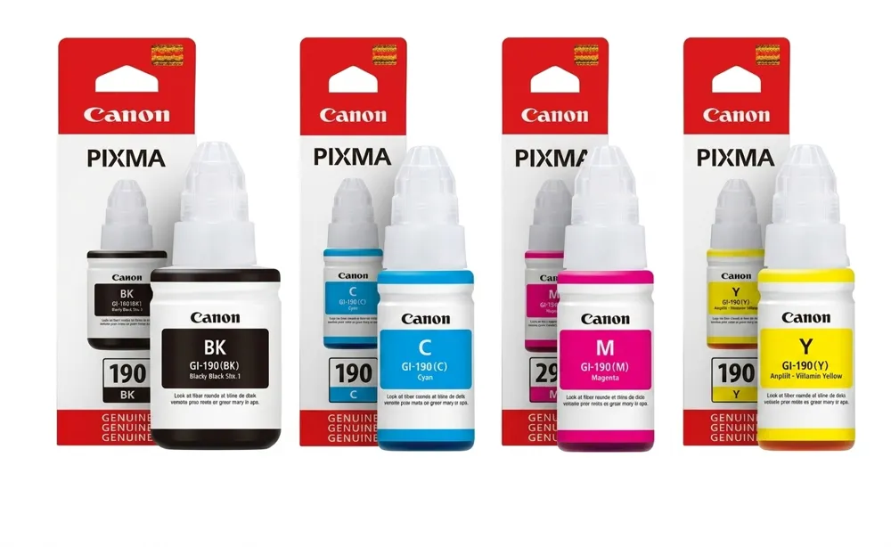 Combo Kit de 4 Tintas Canon GI-190 Originales para Serie G (Negro, Cian, Magenta, Amarillo)