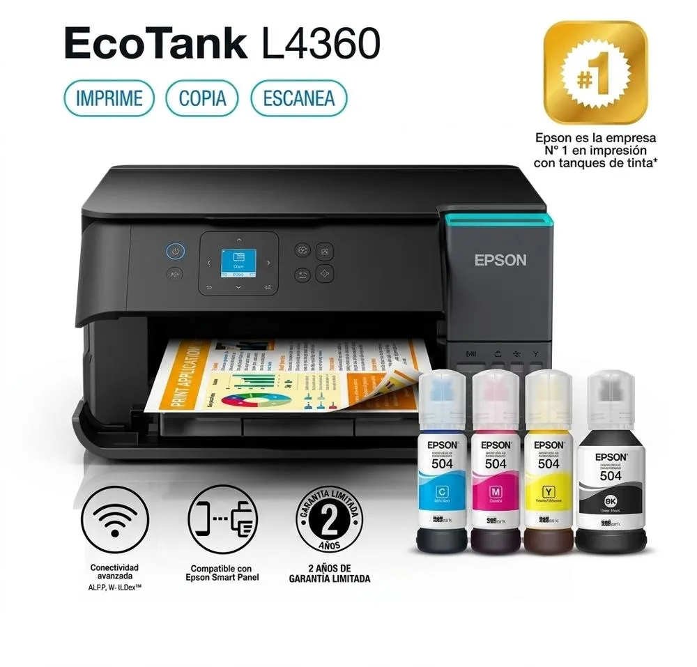 Impresora Multifuncional Epson EcoTank L4360 – Sistema Continuo de Tinta, Wi-Fi Direct y App Smart Panel